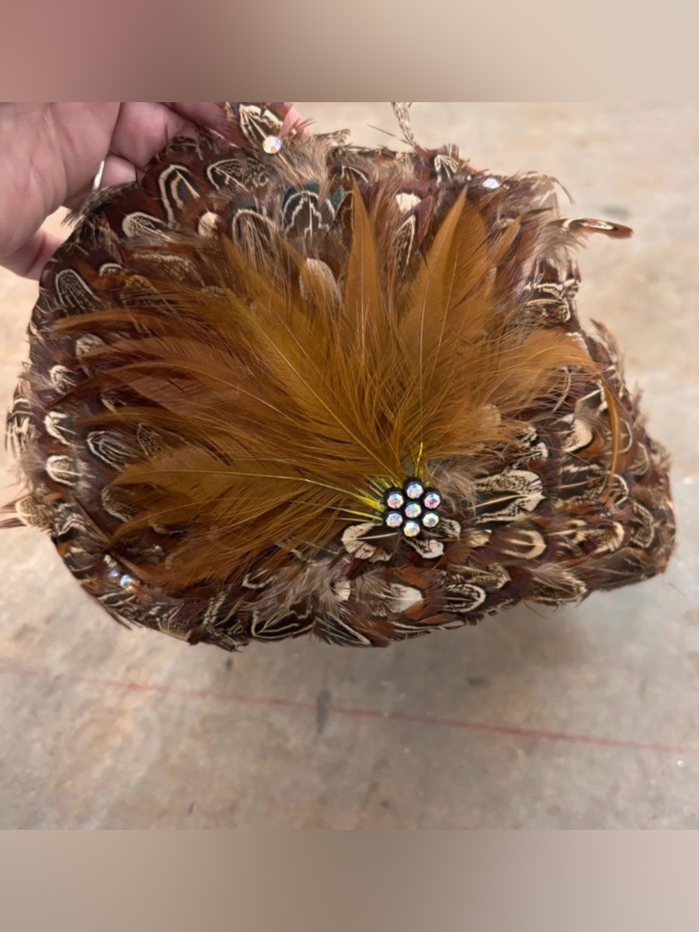 Vintage Feather Crown Pillbox Hat Accent Rhinestone Brooch Brown Womens OSFM